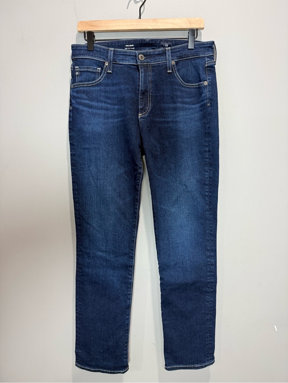 AG The Mari High Rise Straight Jeans Size 31R Blue Stretch Denim